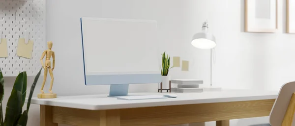 Μπλε Παστέλ Οθόνη Υπολογιστή Οθόνη Προσομοίωσης Λευκό Τραπέζι Απλό Γραφείο — Φωτογραφία Αρχείου
