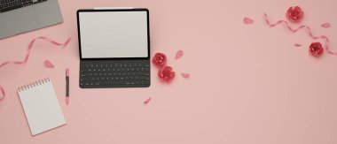 Dijital tablet, kırtasiye malzemesi, dizüstü bilgisayar ve çiçeklerle donatılmış kadınsı çalışma alanı, 3 boyutlu çizim, 3 boyutlu illüstrasyon