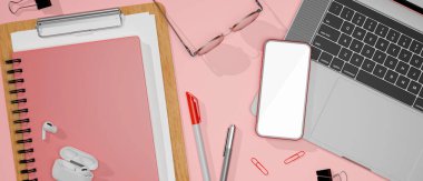 Akıllı telefon, laptop, gözlük ve kırtasiye malzemeli düz pembe çalışma masası, 3 boyutlu çizim, 3 boyutlu illüstrasyon