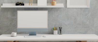 Mavi Pastel bilgisayar monitörü, beyaz masa üzerinde maket ekran, 3D görüntüleme, 3D çizim