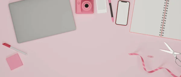 Espacio Trabajo Rosa Con Smartphone Ordenador Portátil Papelería Herramientas Cámara — Foto de Stock