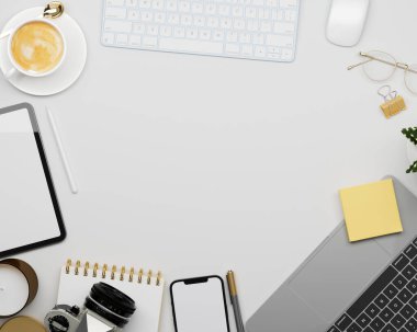 Bilgisayar, malzeme, kırtasiye malzemesi, dijital cihazlar ve beyaz masadaki kopyalama alanı, 3D görüntüleme, 3D illüstrasyon