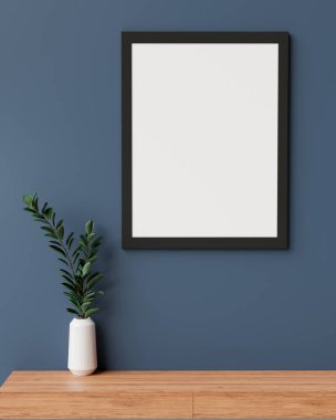 Mavi duvarda maket çerçeveli şık iç tasarım ve ahşap masa üzerine vazo, 3 boyutlu çizim, 3 boyutlu illüstrasyon