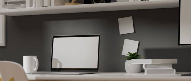 Masada maket ekranlı dizüstü bilgisayar, ev çalışma alanı içinde kitaplar ve dekorasyonlar, 3 boyutlu görüntüleme, 3 boyutlu resimleme