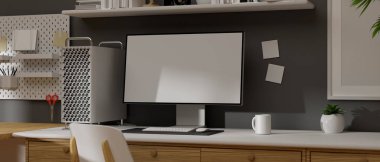 Çatı katındaki ofis malzemeleriyle birlikte masanda maket ekranı olan bilgisayar monitörü, 3 boyutlu görüntüleme, 3 boyutlu illüstrasyon