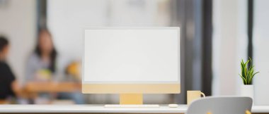 Ofis masasında sahte ekranlı sarı pastel monitör bulanık arkaplan, 3 boyutlu görüntüleme, 3 boyutlu illüstrasyon