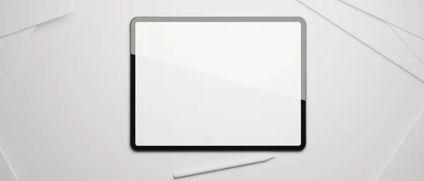 Tabletka Cyfrowa Makietą Ekranu Rysikiem Białym Biurku Widok Góry Renderowanie — Zdjęcie stockowe
