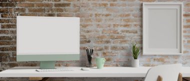 Çağdaş çalışma alanında, kırtasiye, çerçeve, 3D görüntüleme, 3D illüstrasyon ile maket ekran ile yeşil pastel bilgisayar monitörü