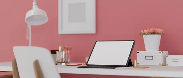Digital Tablet Mock Screen Accessories Desk Beauty Items Decorations Rendering — Stock Photo, Image