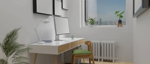 Minimal Home Office Room Computer Desk Next Window Καρέ Και — Φωτογραφία Αρχείου