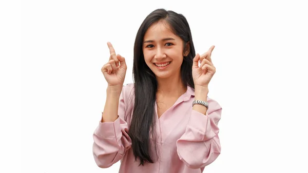 Portrait Young Female Gesturing Show Two Index Finger Isolated White — Stok Foto