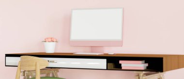 Pembe duvar odasında bilgisayarı, çiçek vazosu ve malzemeleri olan kadınsı ofis masası, 3 boyutlu görüntüleme, 3 boyutlu illüstrasyon