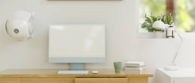 Ana ofis odasındaki ahşap masanın üzerinde maket ekranlı bilgisayar monitörü, 3 boyutlu görüntüleme, 3 boyutlu illüstrasyon