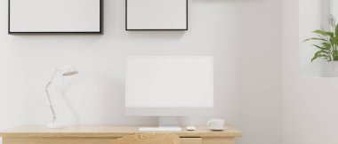 Bilgisayar, kahve fincanı, lamba ve dekorasyonlu en az çalışma alanı, 3D görüntüleme, 3D resim