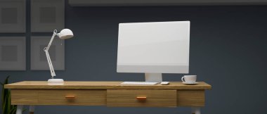 Model ekranlı bilgisayar ahşap masa üzerinde gece ofis odasında lamba, 3 boyutlu görüntüleme, 3 boyutlu illüstrasyon 