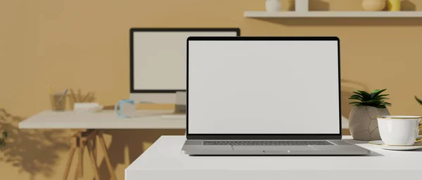 Laptop Med Mock Skärm Skrivbordet Och Datorbord Bakgrunden Rendering Illustration — Stockfoto