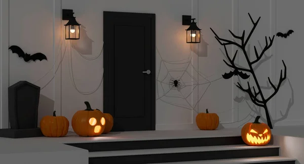 Decorazioni Casa Halloween Con Lampade Zucca Oggetti Spaventosi Decorati Davanti — Foto Stock