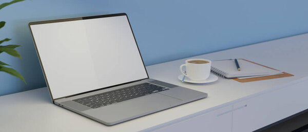 Laptop with mock-up screen on white table with coffee up and stationery, 3D rendering, 3D illustration