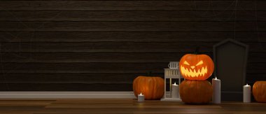 Halloween decorations with pumpkin lamps, candle and scary stuff on the floor in living room, 3D rendering, 3D illustration 