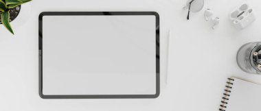 Top view of digital tablet with mock-up screen on white concept workspace with stationery, 3D rendering, 3D illustration