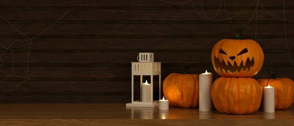 Halloween Decorations Pumpkin Lamps Candles Floor Living Room Rendering Illustration — 스톡 사진