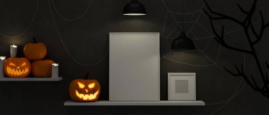 Rafta cadılar bayramı konsepti, 3 boyutlu çizim, 3 boyutlu illüstrasyon gibi korkutucu şeylerle dekore edilmiş model çerçeveler var.