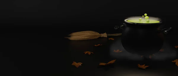 Witch Cauldron Broom Isolated Dark Background Halloween Concept Rendering Illustration — Stockfoto