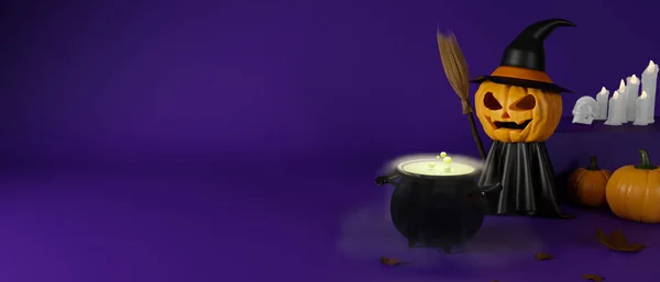 Creepy Halloween Grinning Pumpkins Witch Costume Cauldron Purple Background Rendering — Stock Photo, Image