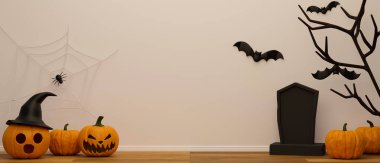 Mezarı olan korkunç şeyler, sırıtan balkabakları, kurumuş ağaç, odada süslenmiş örümcek ve yarasalar, 3 boyutlu çizimler, 3 boyutlu resimler.