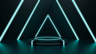 Soyut neon fütüristik bilim kurgu sahnesi podyum ya da vitrin ürünü, 3D görüntüleme, 3D illüstrasyon