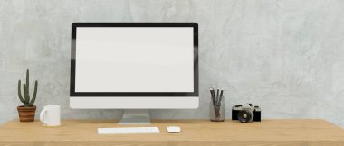 Tahta masadaki sahte ekranlı bilgisayar monitörü. Çatı katındaki ofis odasında kırtasiye malzemesi ve kamera, 3 boyutlu görüntüleme, 3 boyutlu illüstrasyon.