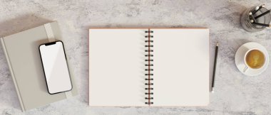 Not defteri ve akıllı telefonun üst görünümü mermer masa üzerinde maket ekran, 3D görüntüleme, 3B illüstrasyon