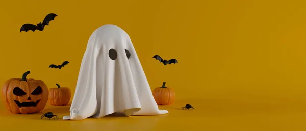 Halloween Háttér Aranyos Szellem Vigyorgó Tök Denevérek Sárga Háttér Renderelés — Stock Fotó