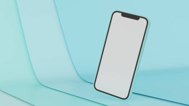 Açık mavi soyut arkaplanda izole edilmiş sahte ekran kızartma ile akıllı telefon, üç boyutlu görüntüleme, üç boyutlu illüstrasyon