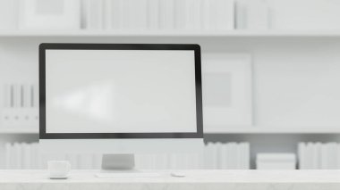 Masaüstü bilgisayarı, masadaki beyaz konsept çalışma alanı, fütüristik iç mekan, 3D görüntüleme, 3D resim