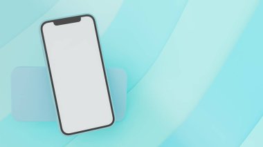 Model ekran kızartma ile akıllı telefon açık mavi soyut arkaplan üzerinde izole fotokopi alanı, üç boyutlu görüntüleme, üç boyutlu illüstrasyon