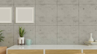 Masanın üzerinde saksı, vazo ve kopyalama alanı olan ev tasarımı, duvarında çerçeve, 3 boyutlu çizim, 3 boyutlu illüstrasyon