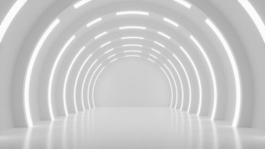 Beyaz fütüristik sahne, soyut fütüristik bilim kurgu iç tasarımı, 3D çizim, 3D illüstrasyon  