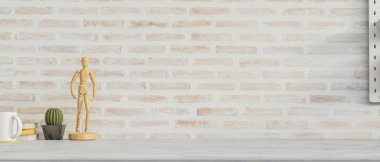 Dekorasyonları, kopyalama alanı ve tuğla duvar arkaplanı olan çalışma alanı, 3 boyutlu görüntüleme, 3 boyutlu illüstrasyon