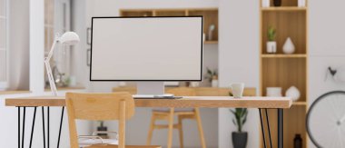 Konforlu ofis odasındaki ahşap masadaki sahte ekranlı bilgisayar monitörü, 3 boyutlu görüntüleme, 3 boyutlu illüstrasyon