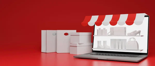Online Shopping Concept Voorraad Planken Laptop Scherm Zakjes Componeren Rode — Stockfoto