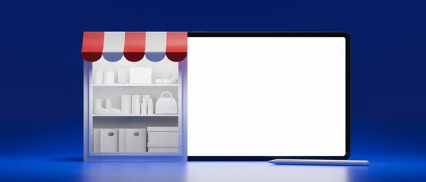 Online Shopping Concept Voorraad Planken Tablet Met Mock Scherm Blauwe — Stockfoto