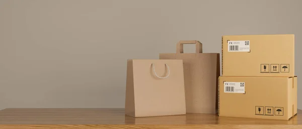 购物袋和纸板箱堆放在木制桌子上 3D渲染 3D插图 — 图库照片