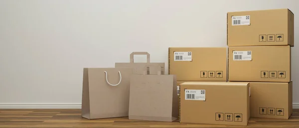 Bolsas Compras Cajas Cartón Apiladas Suelo Madera Con Fondo Pared — Foto de Stock