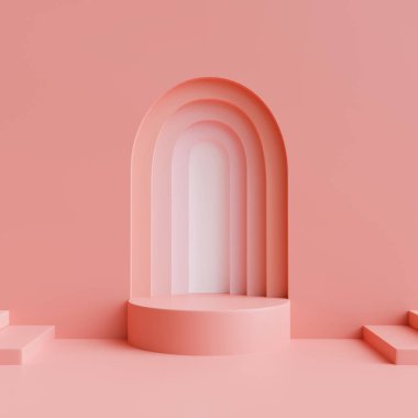 Ürün görüntüleme ve pembe arkaplan için podyum geometri şekilli yaratıcı sahne, 3D görüntüleme, 3D illüstrasyon