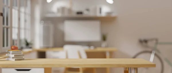 Mesa Madeira Com Pilha Livros Espaço Cópia Fundo Escritório Casa — Fotografia de Stock