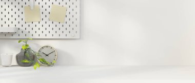 Beyaz masa üzerinde kopya alanı olan beyaz minimal çalışma alanı, ofis dekorasyonu, 3 boyutlu görüntüleme, 3 boyutlu illüstrasyon