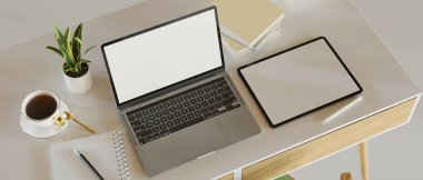 Modern çalışma alanı dizüstü bilgisayar ve tableti beyaz masa, 3D görüntüleme, 3D illüstrasyon 