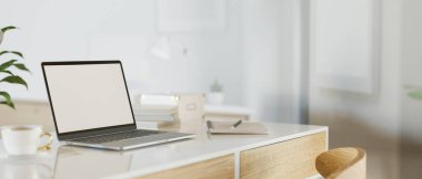 Laptop bilgisayarı, 3D görüntüleme, 3D illüstrasyon ile modern çalışma alanı