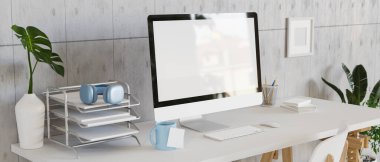 Ofis malzemeleri, 3D görüntüleme, 3D illüstrasyon gibi masaüstü bilgisayarları ile modern çalışma alanı  